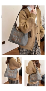 Collage of grey tote bag with WIO WIO lettering showing front and side views on model