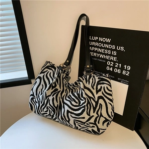 Damen Mode Zebramuster Canvas Tragetasche Große Kapazität Tierprint Umhängetasche Mit Goldenen Metallringen Riemen