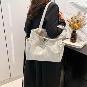 White corduroy tote bag for women, large capacity shoulder bag with vertical stripe texture