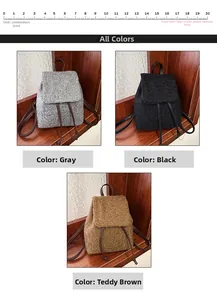 Trois sacs à dos en laine teddy gris, noirs et marron avec bretelles en cuir et échelle