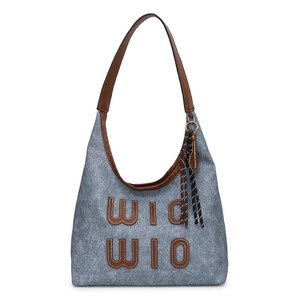Retro canvas hobo tote bag with leather strap and WID WIO letter patch in blue finish