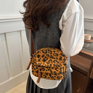 Retro leopard print corduroy crossbody bag for women with adjustable brown shoulder strap