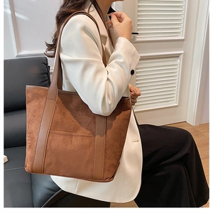 Caramel brown suede tote bag for women showing large capacity and premium stitching detail