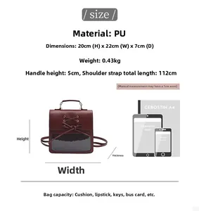 Detailed size diagram of red bow PU backpack showing dimensions and capacity comparison