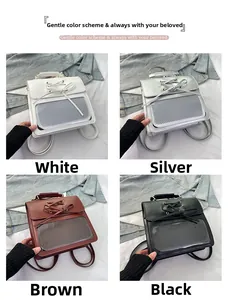 Four-color display of leather mini backpacks with bow accents and clear front panels