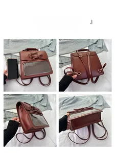Detailed views of brown faux leather school backpack with clear window display from four angles