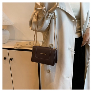 Detail of a deep brown matte leather crossbody bag with a gold chain and branding