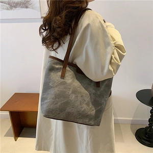 Minimalist marble texture tote bag with brown leather straps and large capacity for women