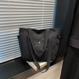 Women Large Capacity Canvas Tote Bag Minimalist Solid Color Casual Shoulder Bag Multi Pocket Shopping Handbag For Work Travel