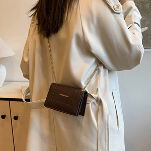 Chic dark brown faux leather mini crossbody bag with gold chain and fashion lettering