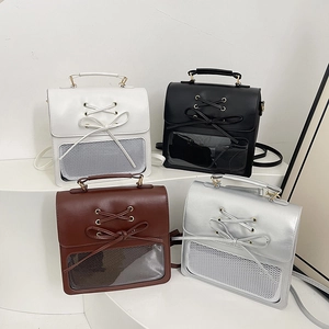 Preppy style bow tie backpacks with clear windows in white, black, brown and silver colors