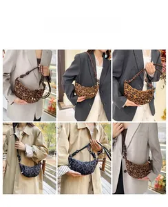 Detail showing leopard print crescent bag styled with blazers and trench coats on models