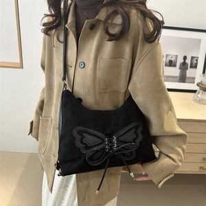 Schwarze Retro Wildleder Hobo Bag mit Lederschleife und Metallösen für Damen 2024