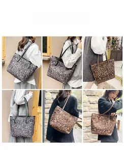 Outdoor model shots of leopard print tote bags in grey and brown showing large capacity