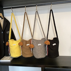 Winter wool large capacity bucket bags in four colors with cute teddy dog pendants