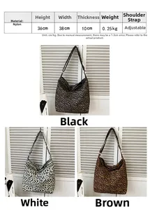 Detailed size chart for large nylon tote bag showing 36x38x10cm dimensions and weight