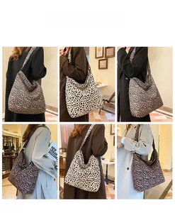 Detail view of large leopard print tote bag styled with various fashion outfits
