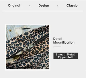 Close-up of leopard print tote bag featuring a smooth silver metal zipper and durable canvas