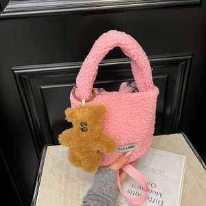Women Casual Woolen Fleece Plush Bucket Bag Fashion Soft Crossbody Handbag With Bear Charm Shoulder Bag For Winter Daily