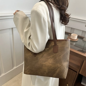 Borsa tote vintage in tela marrone da donna a tracolla con grande capacità interna
