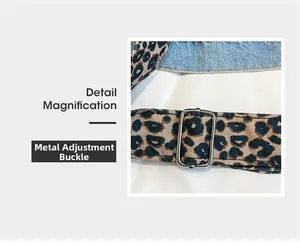 Detail magnification of silver hardware adjustment buckle with leopard print strap