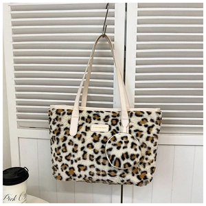 Leopard print plush tote bag set featuring a matching round coin purse and metal label