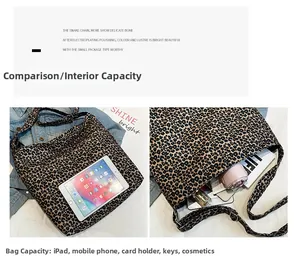 Macro detail showing large capacity of leopard print canvas tote bag with size comparison