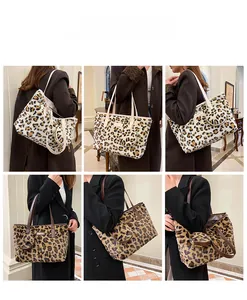 Collage of plush leopard print tote bags shown on model with matching coin purses