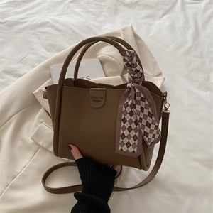 Women Fashion PU Leather Lychee Pattern Shoulder Bag With Silk Scarf Simple Commuter Bucket Handbag Crossbody Tote Bag
