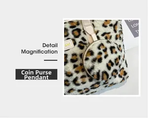 Close-up of leopard print plush bag with a matching round coin purse and metal tag