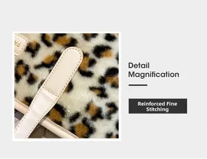 Detailed view of leopard print faux fur texture and reinforced stitching on handle