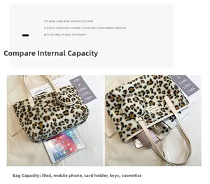 Leopard print plush tote bag showing spacious interior for iPad and essentials