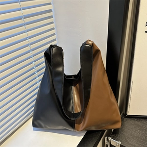 Women Urban Minimalist Large Capacity Two-tone PU Leather Tote Bag Fashion Shoulder Underarm Commuting Shopping Bag