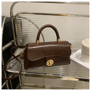 Macro detail of dark brown vintage crossbody bag with gold round metal twist lock