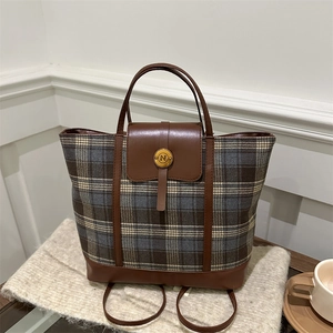 Vintage Plaid Woolen Tote Bag Large Capacity Multifunctional Shoulder Bag And Backpack For Women Academy Style Commute Bag