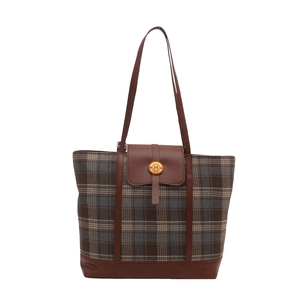 Retro plaid tote bag with brown leather trim and golden N logo for daily commute