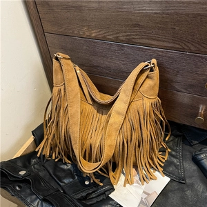 Women Large Capacity Tassel Tote Bag PU Faux Suede Fringe Shoulder Crossbody Bag Bohemian Vintage Fashion Handbag Daily Use