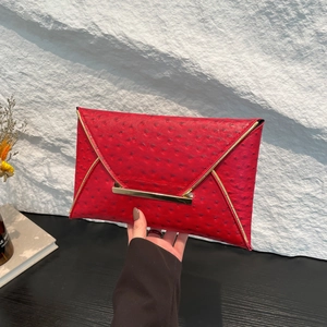 Women Vintage Ostrich Pattern Embossed PU Leather Envelope Clutch Bag Gold Metal Trim Evening Handbag For Banquet Wedding Party