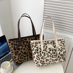 Chic leopard print faux fur tote bag set with matching round coin purse and leather handles