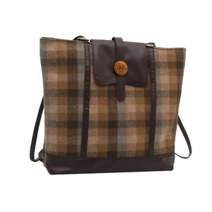 British style plaid woolen tote bag with brown leather trim and golden metal clasp
