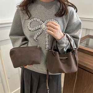 Retro dark brown bucket bag set with matching pouch and drawstring in matte finish