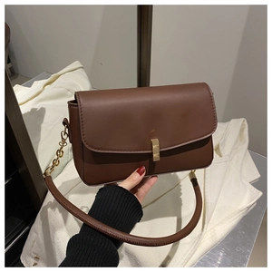 Nahaufnahme der braunen Vintage-Handtasche mit elegantem goldener Schnalle für Damen