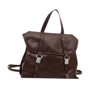 Zaino tote vintage grande in ecopelle marrone scuro con manico e fibbie argentate