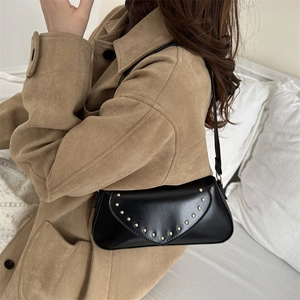 Retro black PU leather underarm bag with gold rivets and V-shaped stud detailing