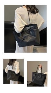 Vertical collage of a black large-capacity nylon tote bag worn by a model in casual poses