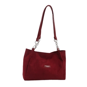 Minimalist large burgundy faux suede tote bag with stylish silver chain shoulder straps