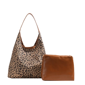 Large leopard print tote bag with brown shoulder strap and matching small zipper pouch