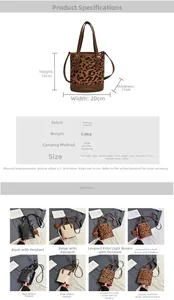Detailed product size guide and multi-color swatches for leopard print bucket bag