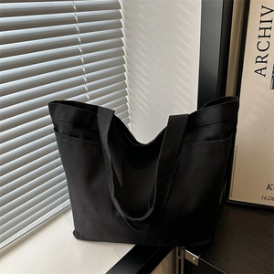 Large Capacity Canvas Tote Bag For Women Minimalist Urban Style Double Shoulder Strap Multi Pocket Casual Commuter Handbag