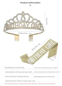 Detailed view of rhinestone crown and gold glitter sash with dimensions for birthday party